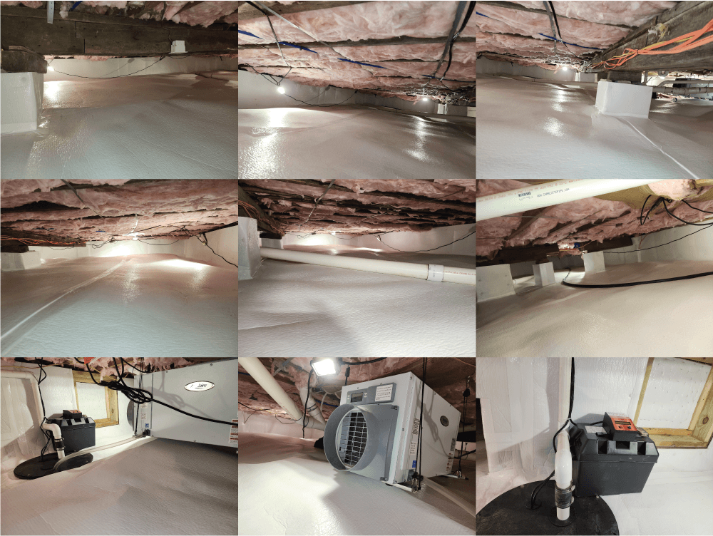 Same crawl space after encapsulation: bright white vapor barrier covering floor and walls, clean and dry
