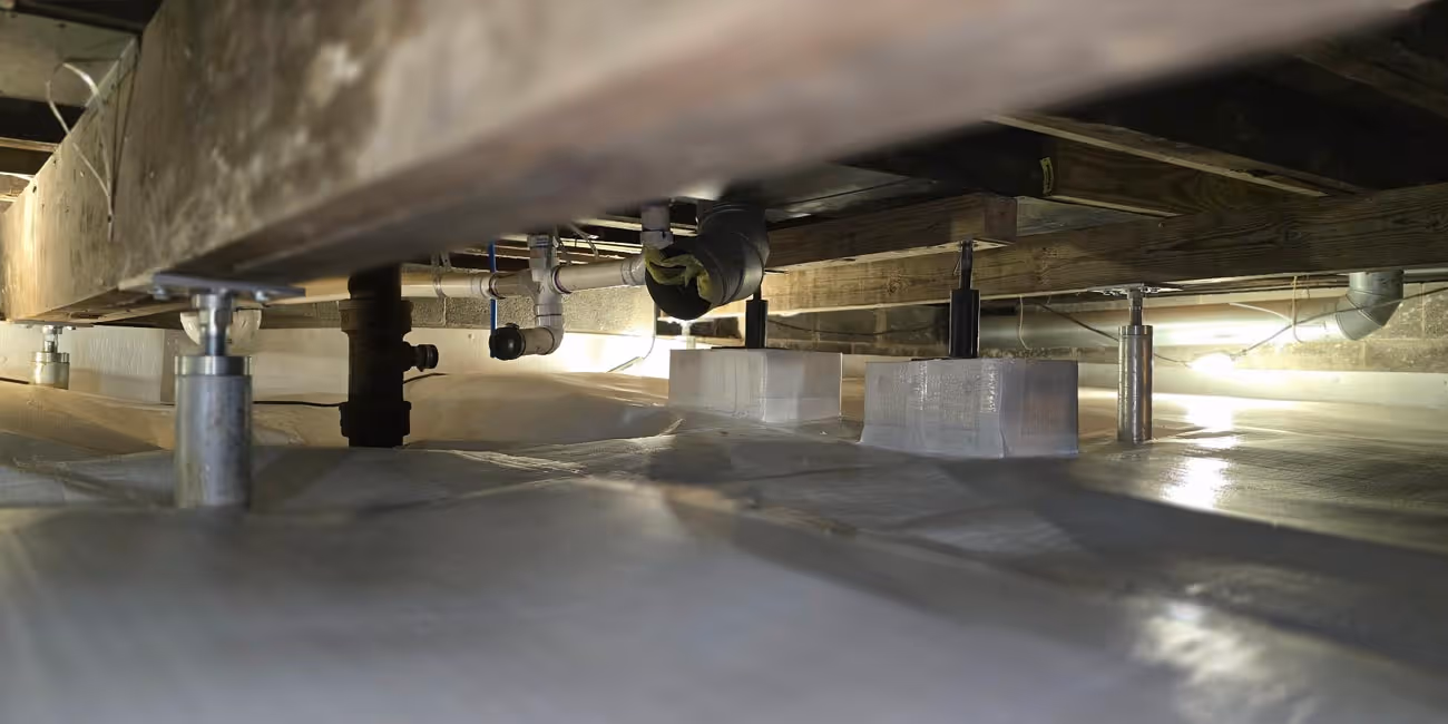Low angle of waterproofed crawl space with visible wall repair