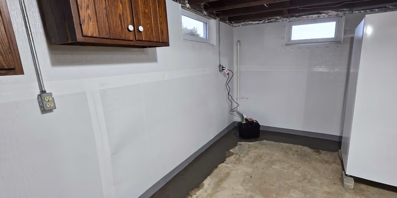 Wide angle of finished basement floor after waterproofing